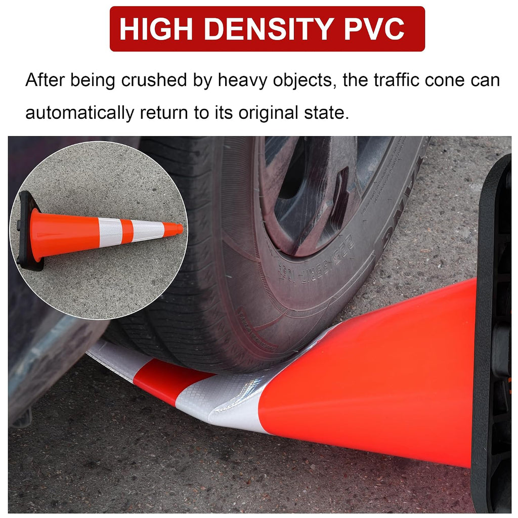 28 Inch Orange Traffic Cones 8-Pack, Heavy Duty PVC Safety Cones | 2 Reflective Collars, Weighted Rubber Base for