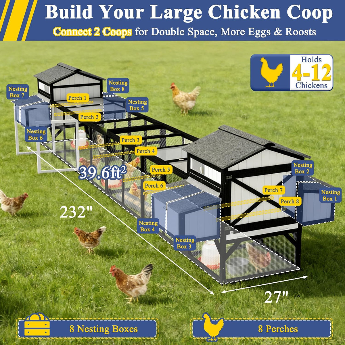 116" L Large Chicken Coop with Run for 4-6 Chickens