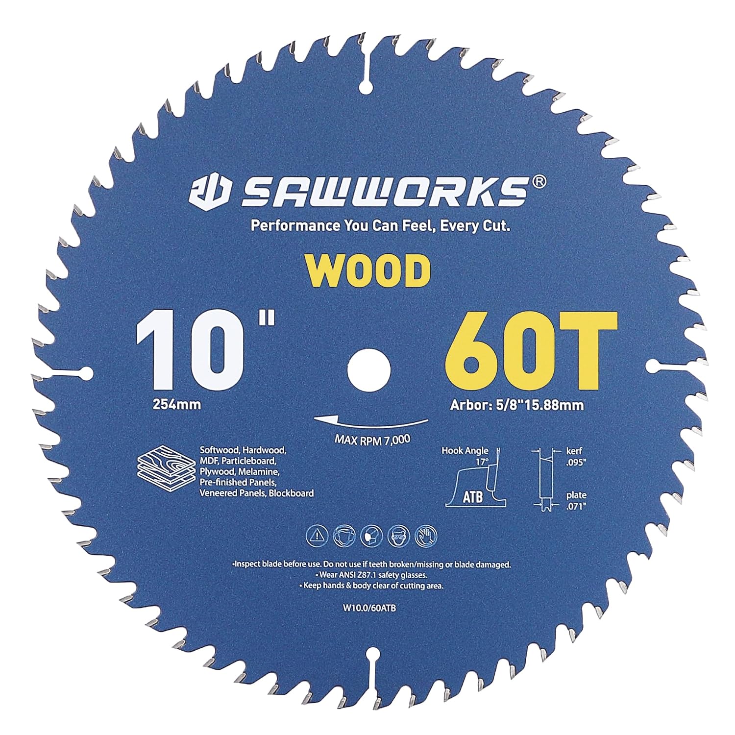 10" 60T Thin Kerf Circular Saw Blade Woodworking Fine Finish, Trim | Tungsten Carbide ATB Cutting Teeth, Finish, Trim