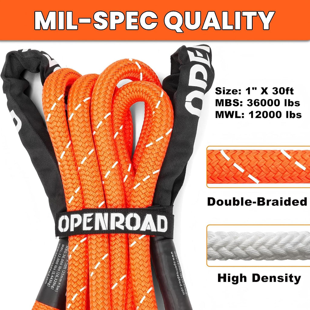 Kinetic Recovery Tow Rope, 36000 Lbs (1in x 30ft Orange with Soft Shackle) Extreme Duty 35% Elasticity Energy Offroad