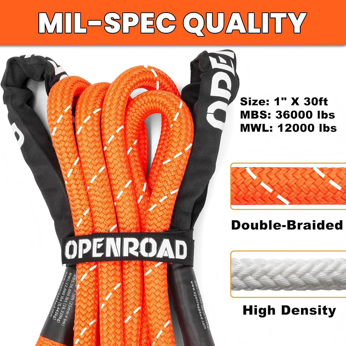 Kinetic Recovery Tow Rope, 36000 Lbs (1in x 30ft Orange with Soft Shackle) Extreme Duty 35% Elasticity Energy Offroad