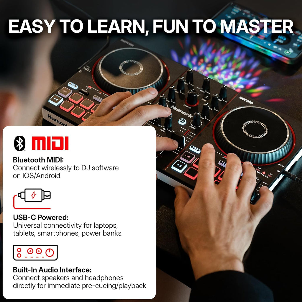 Party Mix III Bluetooth DJ Controller with Built-in Lights | Beat Assist, Smart Fader, 16 Pads, 2 Deck DJ Mixer