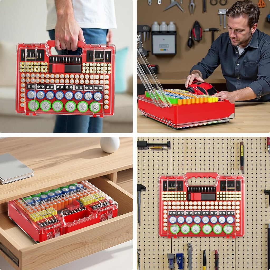 Battery Organizer Box with Tester, Storage Case Holds 260 Batteries, Double Clear Locking Lid for AA AAA C D 9V - Red