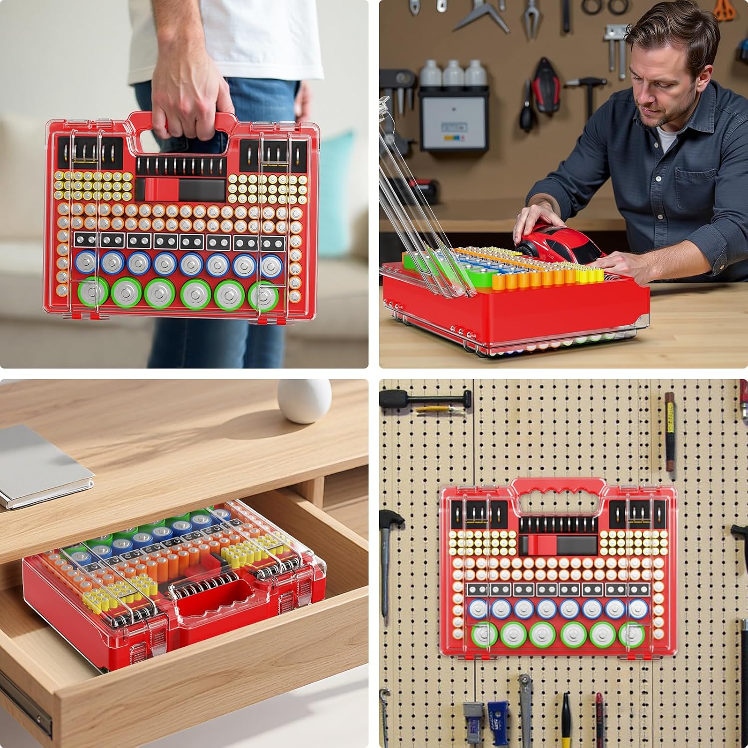 Battery Organizer Box with Tester, Storage Case Holds 260 Batteries, Double Clear Locking Lid for AA AAA C D 9V - Red