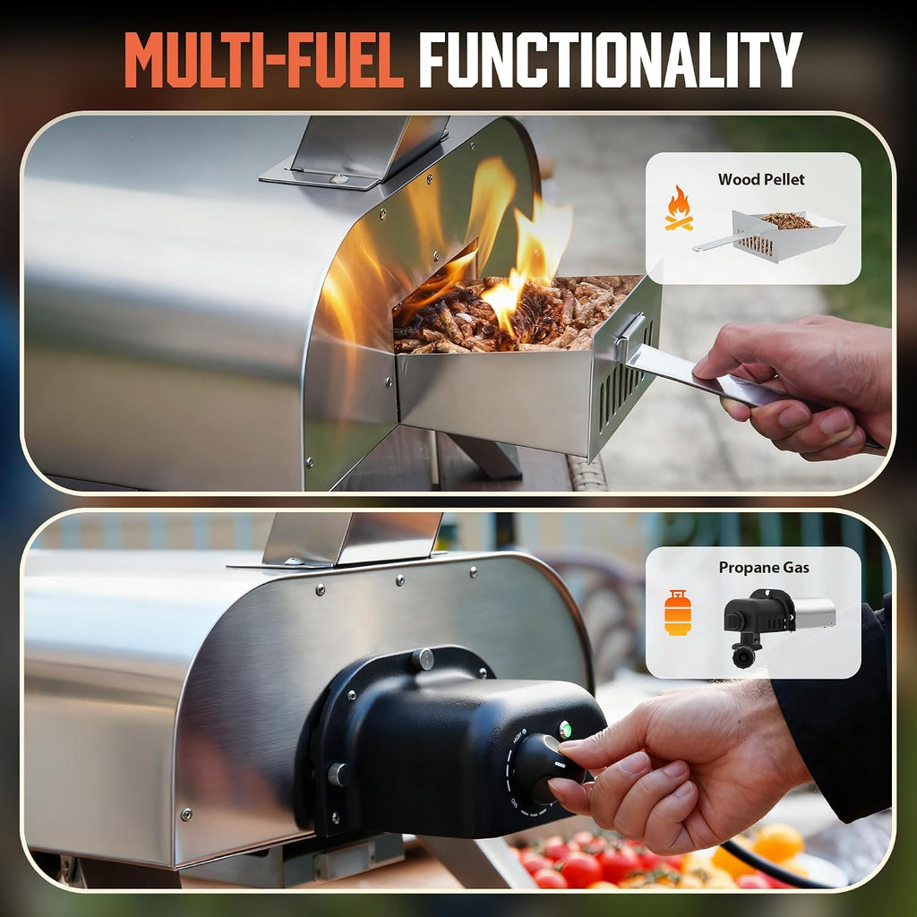 OUTDOORS 12" Multi-Fuel Pizza Oven, Portable Outdoor Pizza Oven, Wood Fired & Propane Gas, Pellet Pizza Maker with