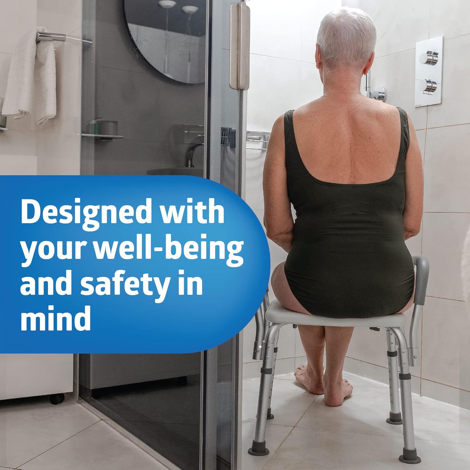 Shower Chair with Backrest and Padded Armrests - 350 lb. capacity, Bath Bench, Seat, Stool for Independent Adult