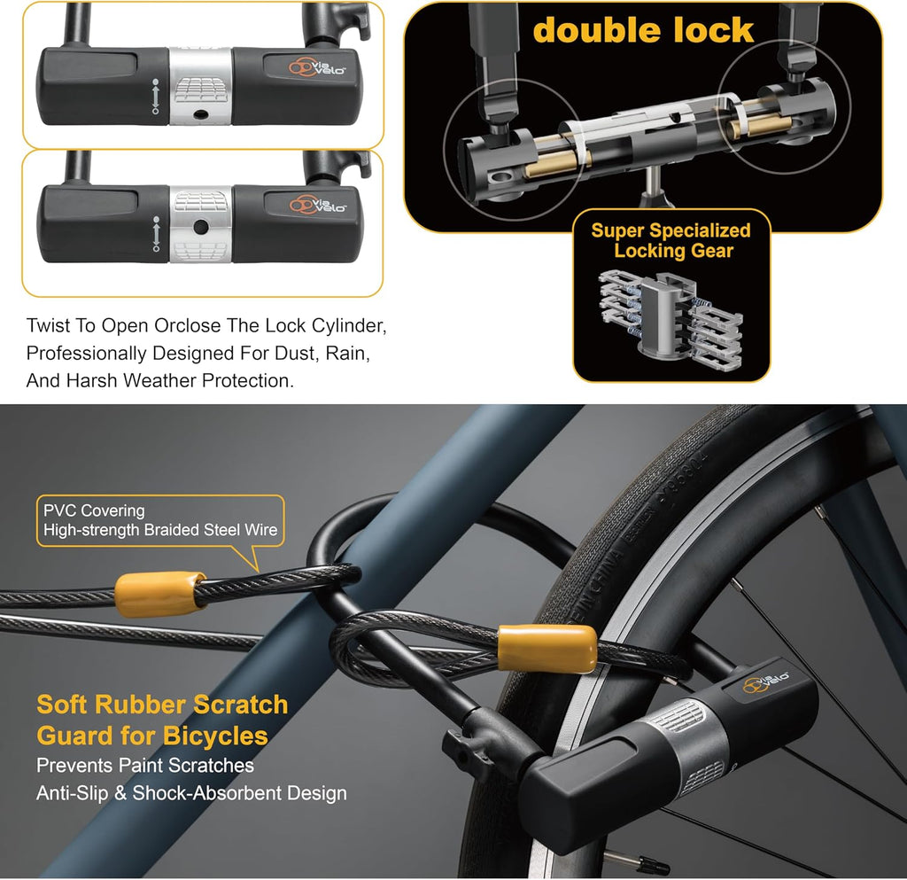 Bike U Lock with Cable - Via Velo Heavy Duty Bicycle U-Lock,14mm Shackle and 10mm x1.8m Cable with Mounting Bracket