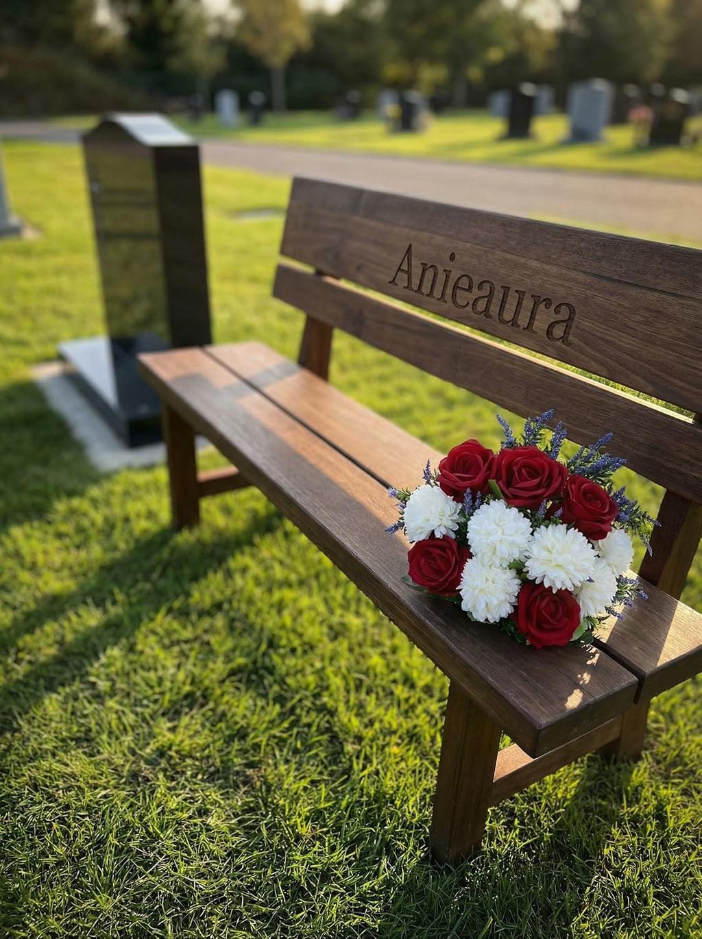 Artificial Spring Cemetery Flowers for Grave Vase - Red Roses & White Ball Chrysanthemums Bouquet, Silk Funeral