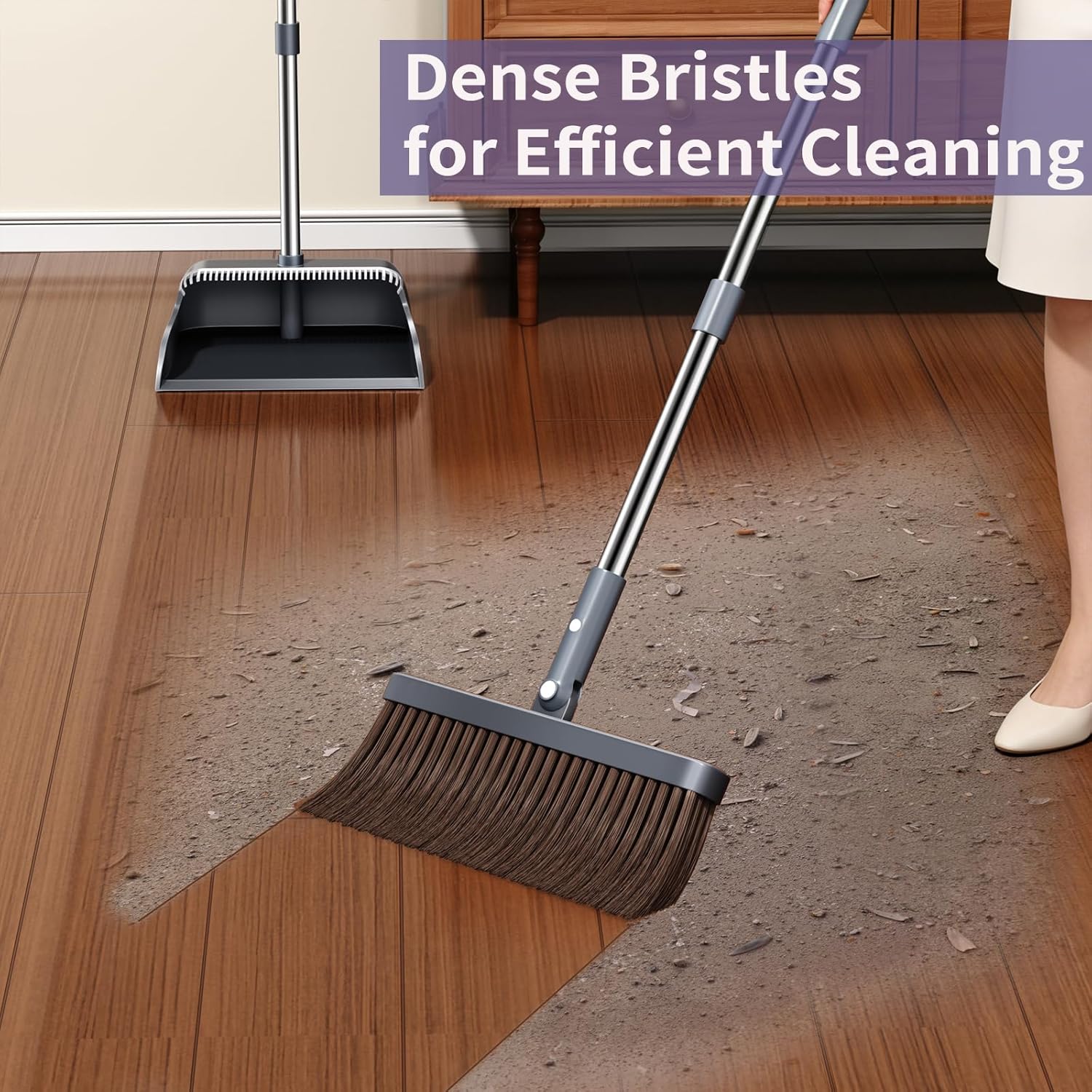 Broom and Dustpan Set, 51.6" Long Handle Broom with Dustpan Combo Set with Dustpan Teeth & Two Broom Heads, Brooms