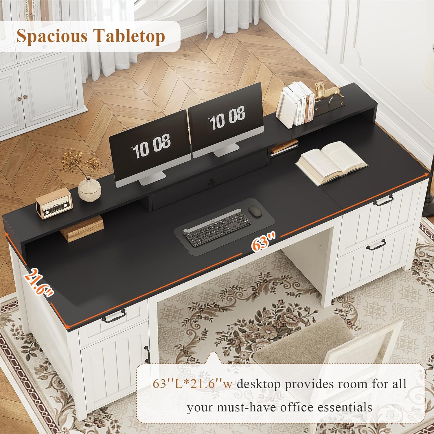 Farmhouse 63" Executive Desk, Home Office Desk with File Drawer and Monitor Stand, Computer Desk with Drawers and
