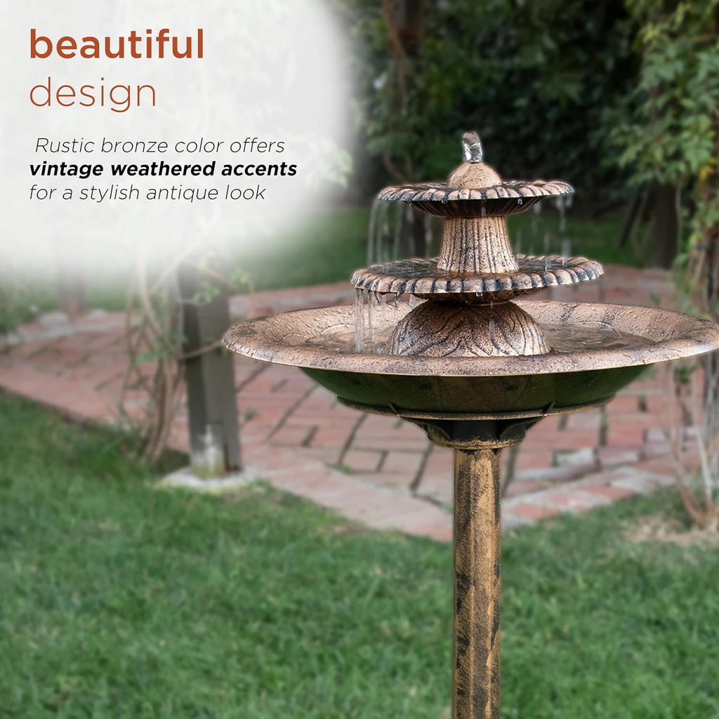 TEC106-BZ 35” Tall 3-Tier Pedestal Water Fountain with Birdbath in Vintage – Outdoor Garden Fountain for Yard, Patio