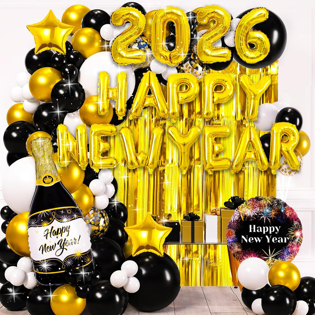 New Years Eve Party Supplies 2026, Happy New Years Decorations 2026, Gold and Black Balloons Supplies Set with 2026