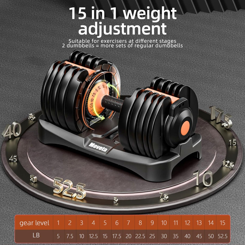 Adjustable Dumbbells Set of 2，Free Weights Dumbbells Set | Adjustable Dumbbell Set，52.5 lbs pair 105 lbs，15 in 1，for