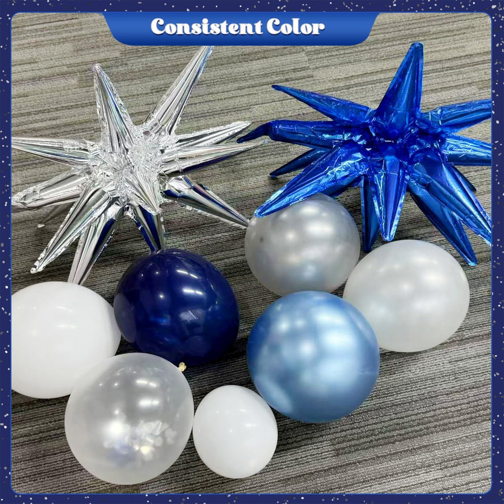 Blue White Silver Balloon Garland Arch Kit, 140Pcs Navy Light Metallic Blue Silver White Confetti Balloons With Stars