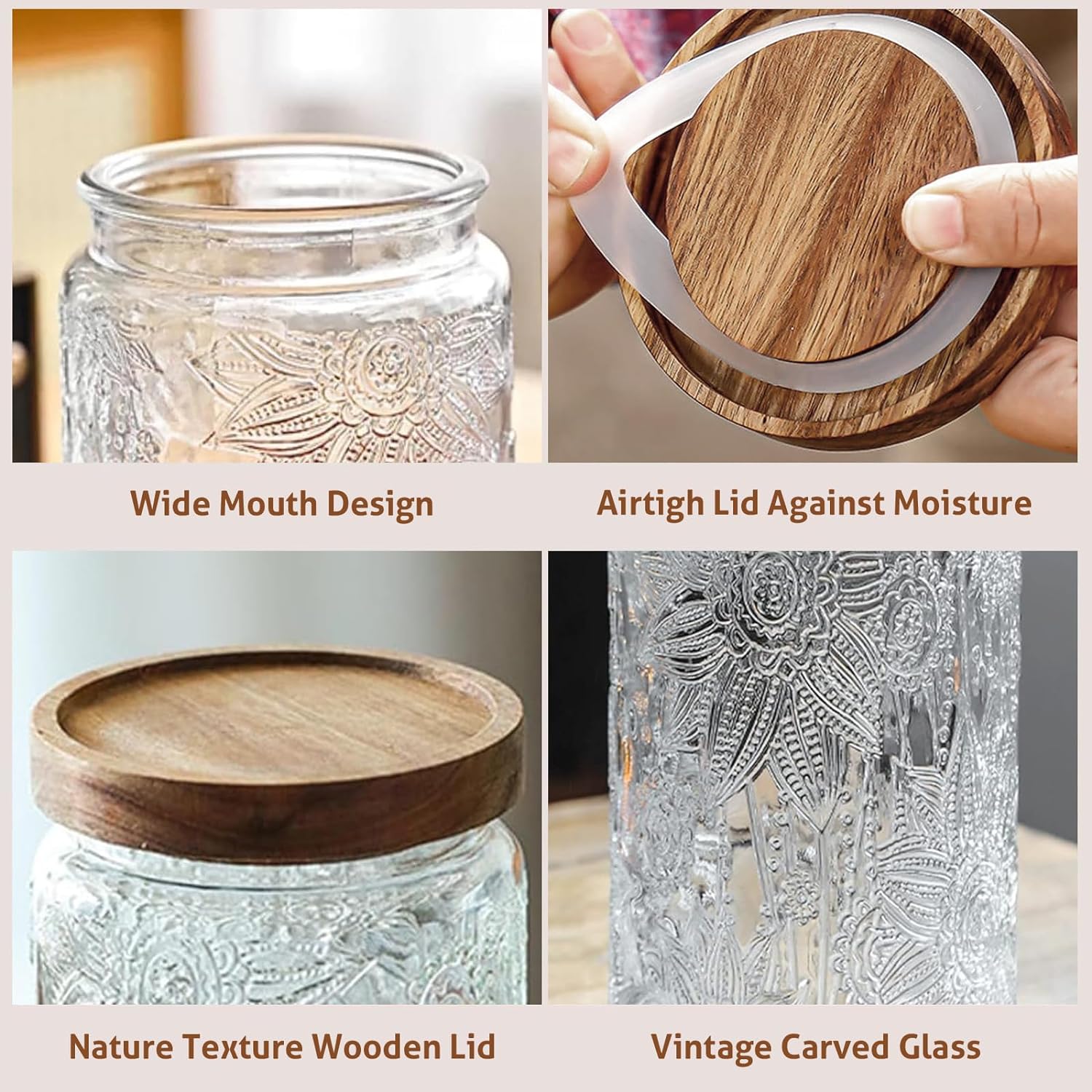 Vintage Glass Jar with Lid, Airtight Candy Coffee Canister Food Storage | 24oz Decorative Container Set with