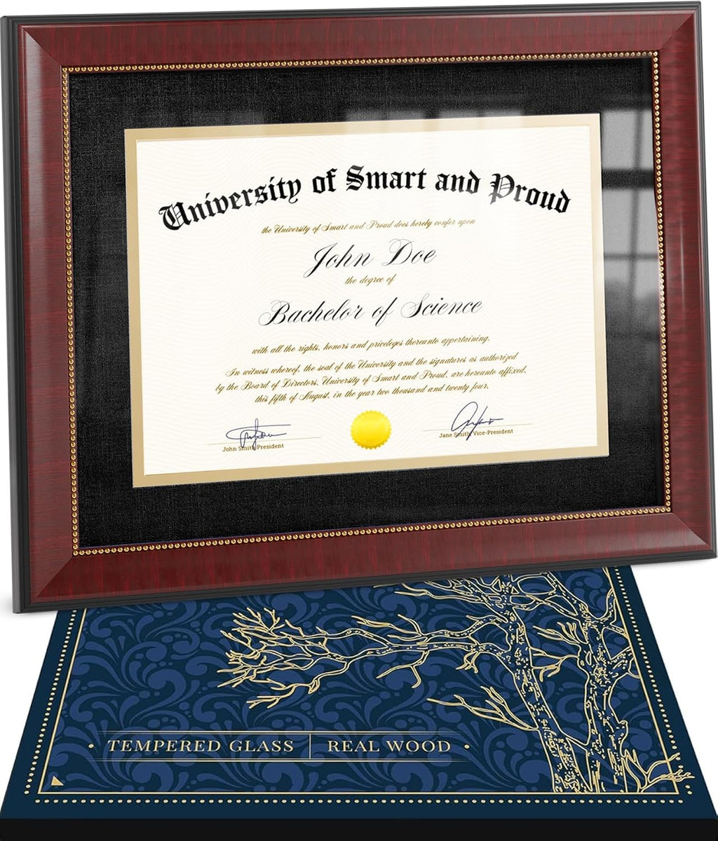 Wooden College Diploma Frame 8.5 x 11 with Mat (Black /w Golden Rim) — Real Wood, Real Glass — Gift-Ready Packed