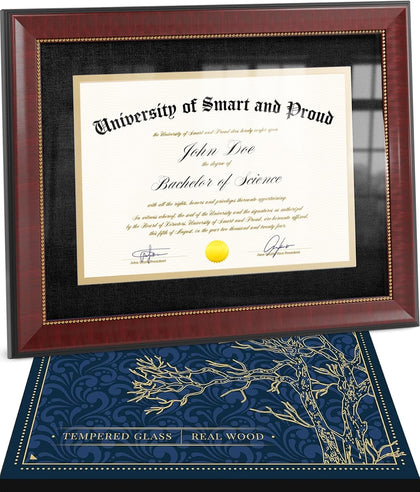 Wooden College Diploma Frame 8.5 x 11 with Mat (Black /w Golden Rim) — Real Wood, Real Glass — Gift-Ready Packed