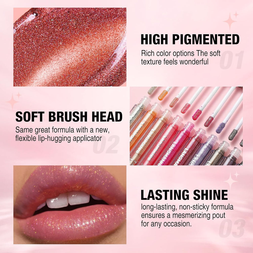 6 Colors Diamond Glitter Lip Gloss Set,Long Lasting High Shine Shimmer Liquid Lipstick Set,Hydrating,Moisturizing Lip