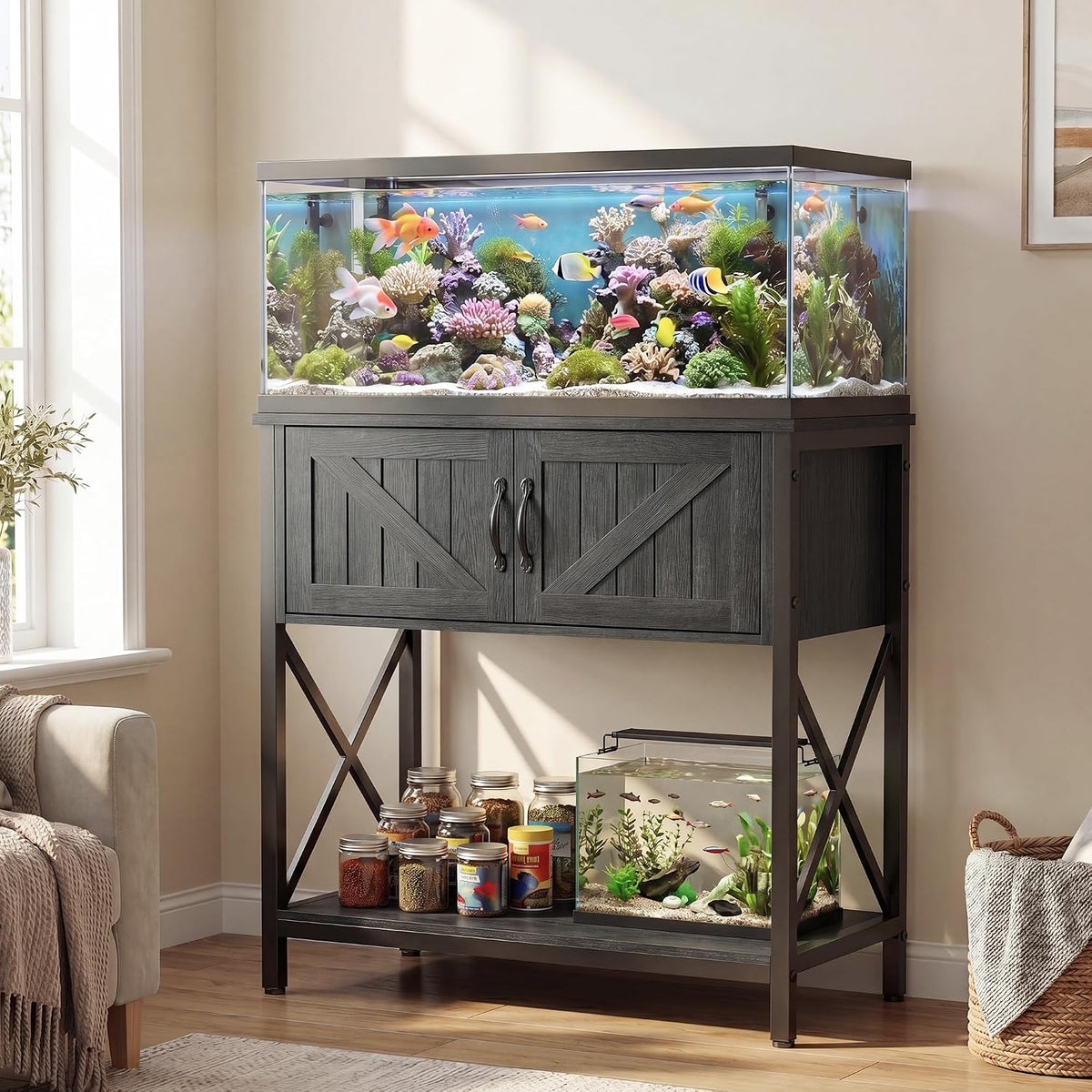 20-29 Gallon Fish Tank Stand, Metal Double Aquarium Stand with Storage Cabinet, Heavy Duty 31.5" L* 16.54" W