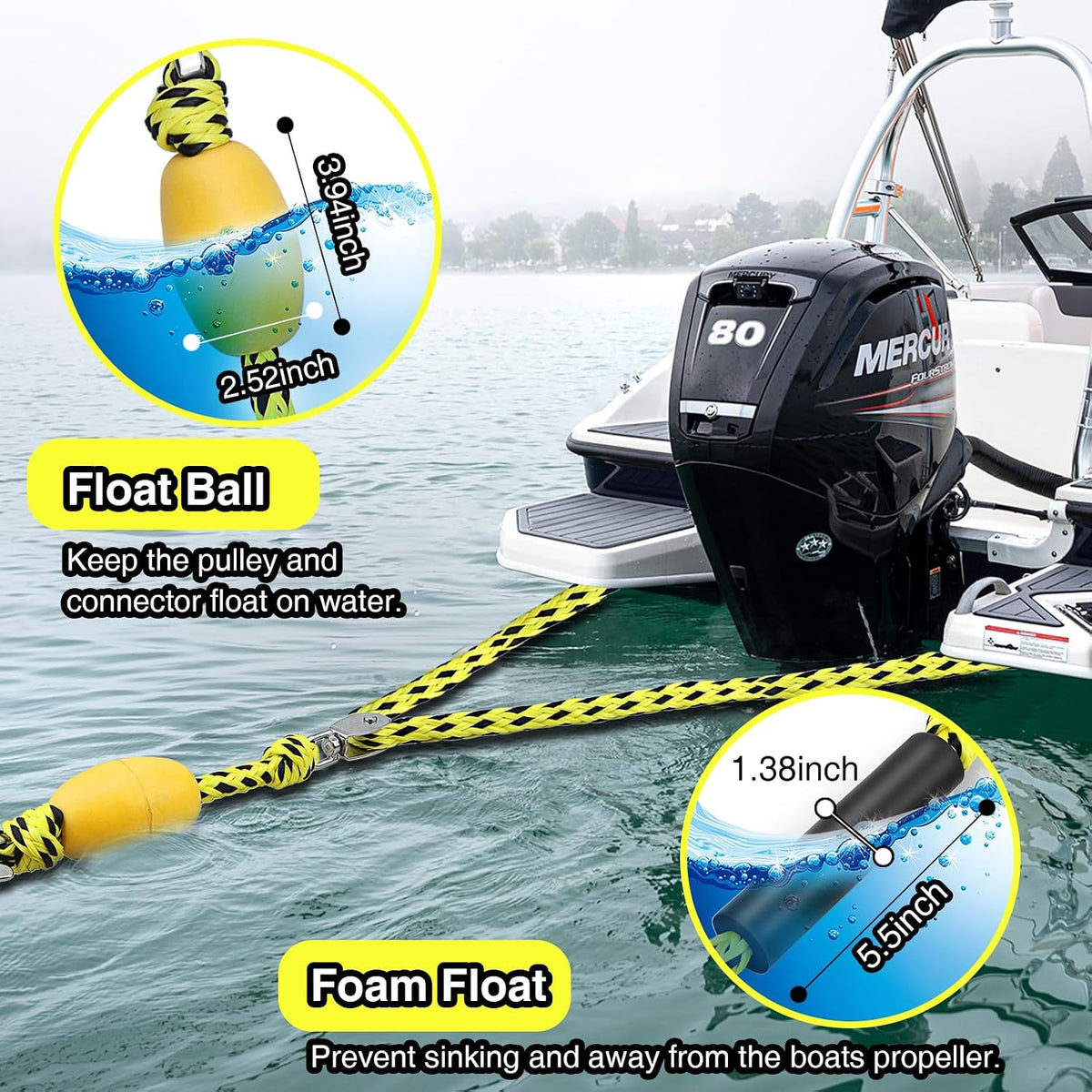 Boat Tow Harness for Tubing, Heavy-Duty 13ft Self Centering Tow Rope Up to 4 Riders with Float Ball, Stainless Steel