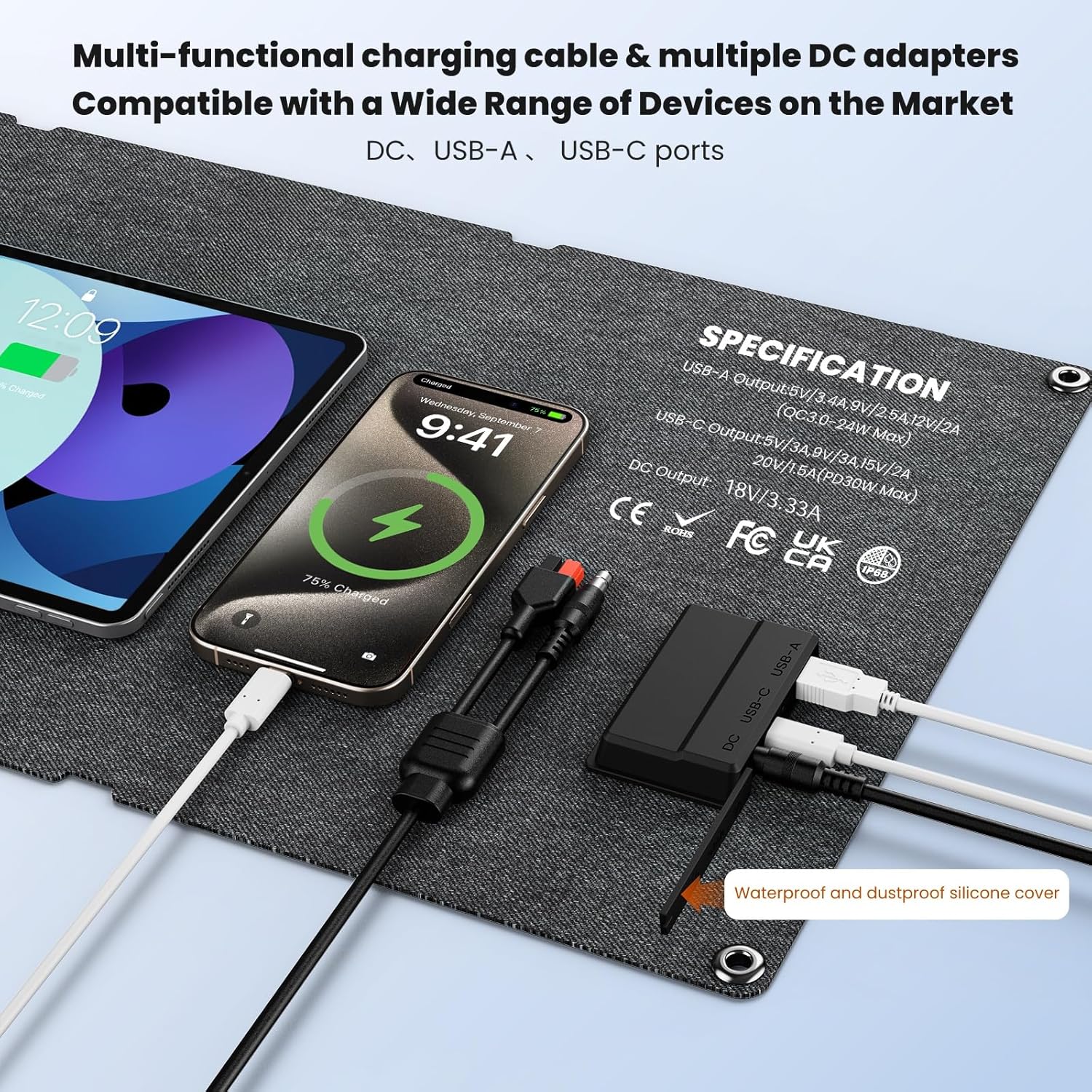 60W Portable Solar Panels NextGen Foldable Solar Panel Charger Kit 25% Efficiency with DC USB-C USB-A Output ETFE