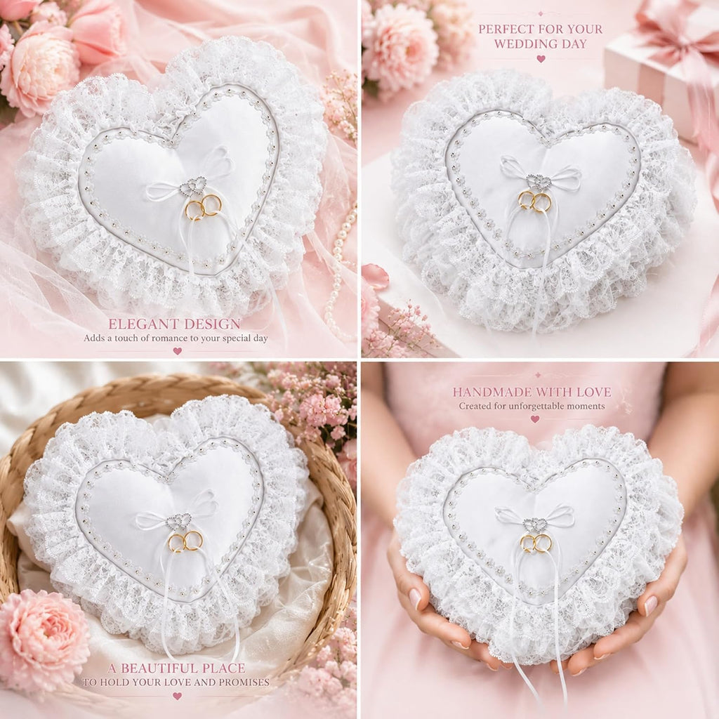 Heart-Shaped Wedding Ring Bearer Pillow, with Fake Rings for Wedding Ceremony White Satin with Lace Trim and Ribbon Bow