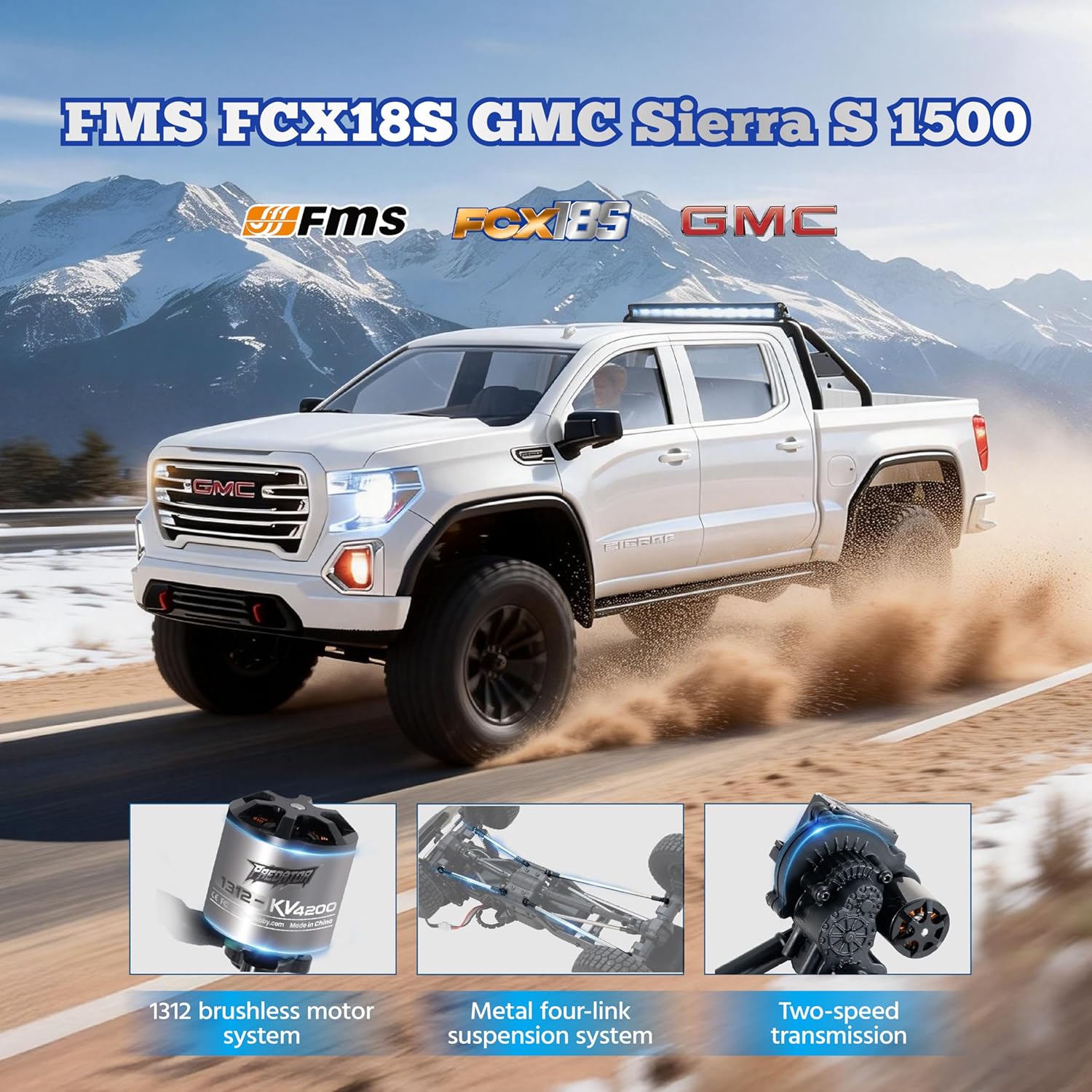 FMS FCX18S GMC Sierra S 1500 RC Crawler, 1/18 Brushless RC Truck 4WD Offroad, Official Licensed GMC Pickup with