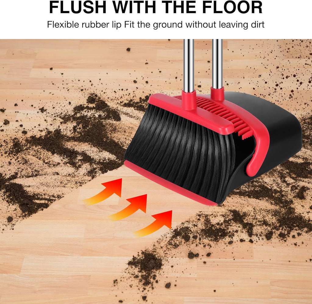 Broom and Dustpan Set, 52-in Long Adjustable Handle Broom Dustpan Combo with Dustpan Teeth to Automatically Clean