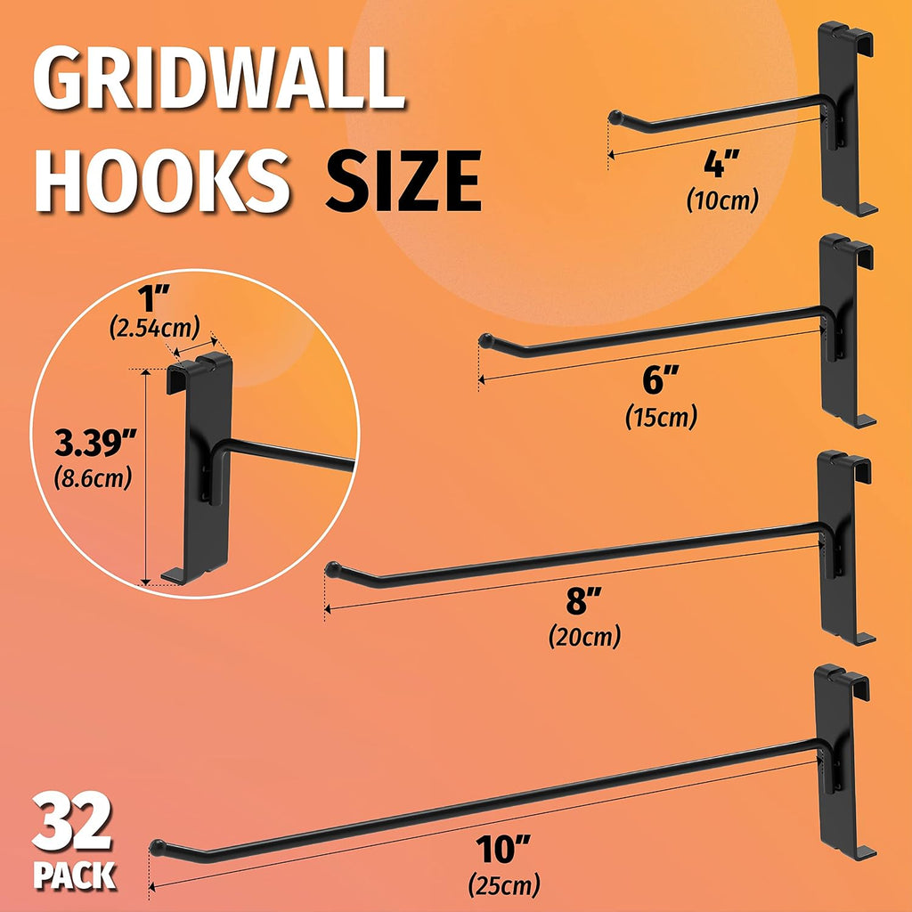 32 Pack 6 Inch Black Gridwall Hooks for 3 × 3 Wire Grid Panel | 30 lb Capacity Metal Display Hangers for Retail Store