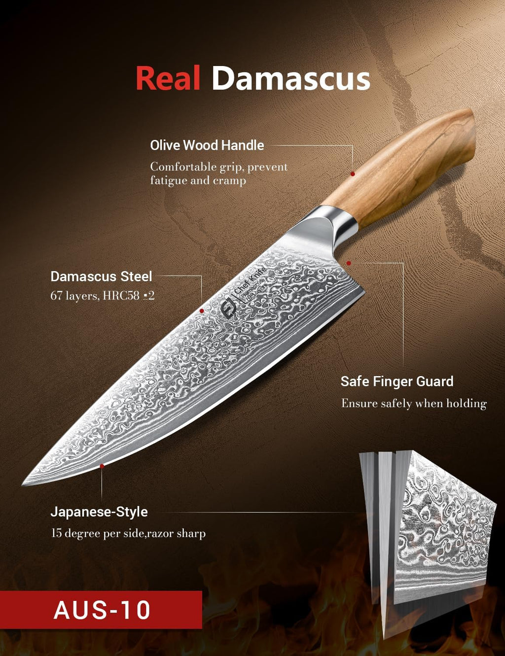 8-Inch Damascus Chef Knife, 67-Layer Japan Steel, Olive Wood Handle