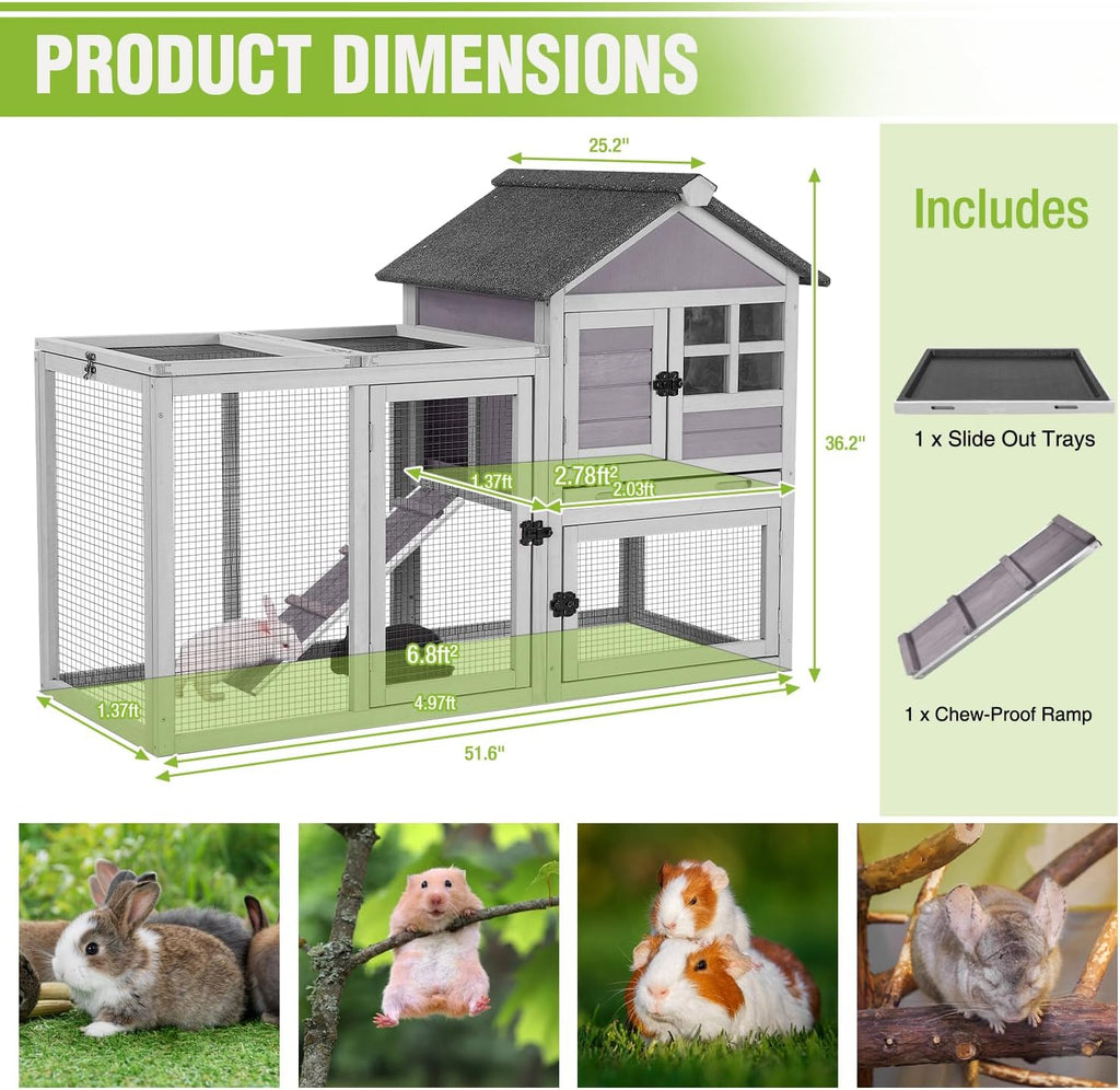 Large Rabbit Hutch Outdoor 2-Level Wooden Chicken Coop Indoor Weatherproof Bunny Cage Guinea Pig House with