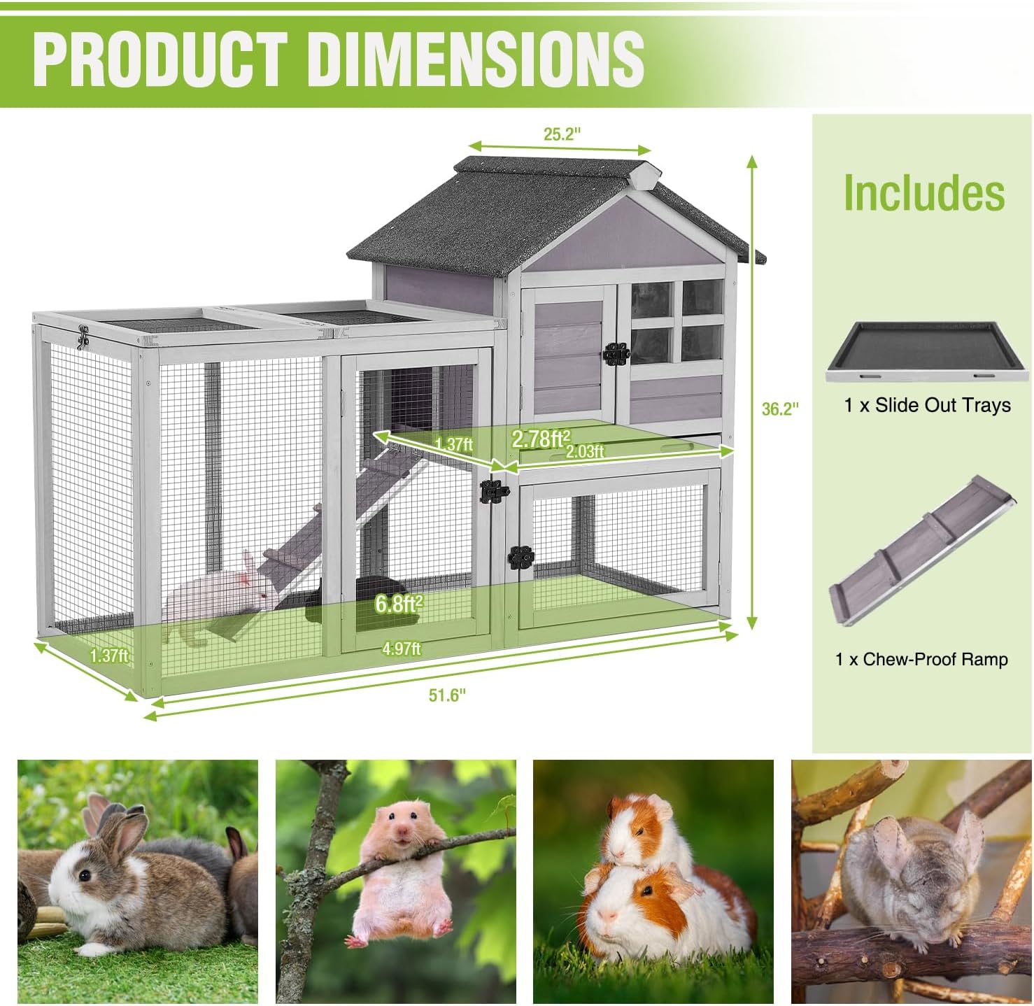 Large Rabbit Hutch Outdoor 2-Level Wooden Chicken Coop Indoor Weatherproof Bunny Cage Guinea Pig House with