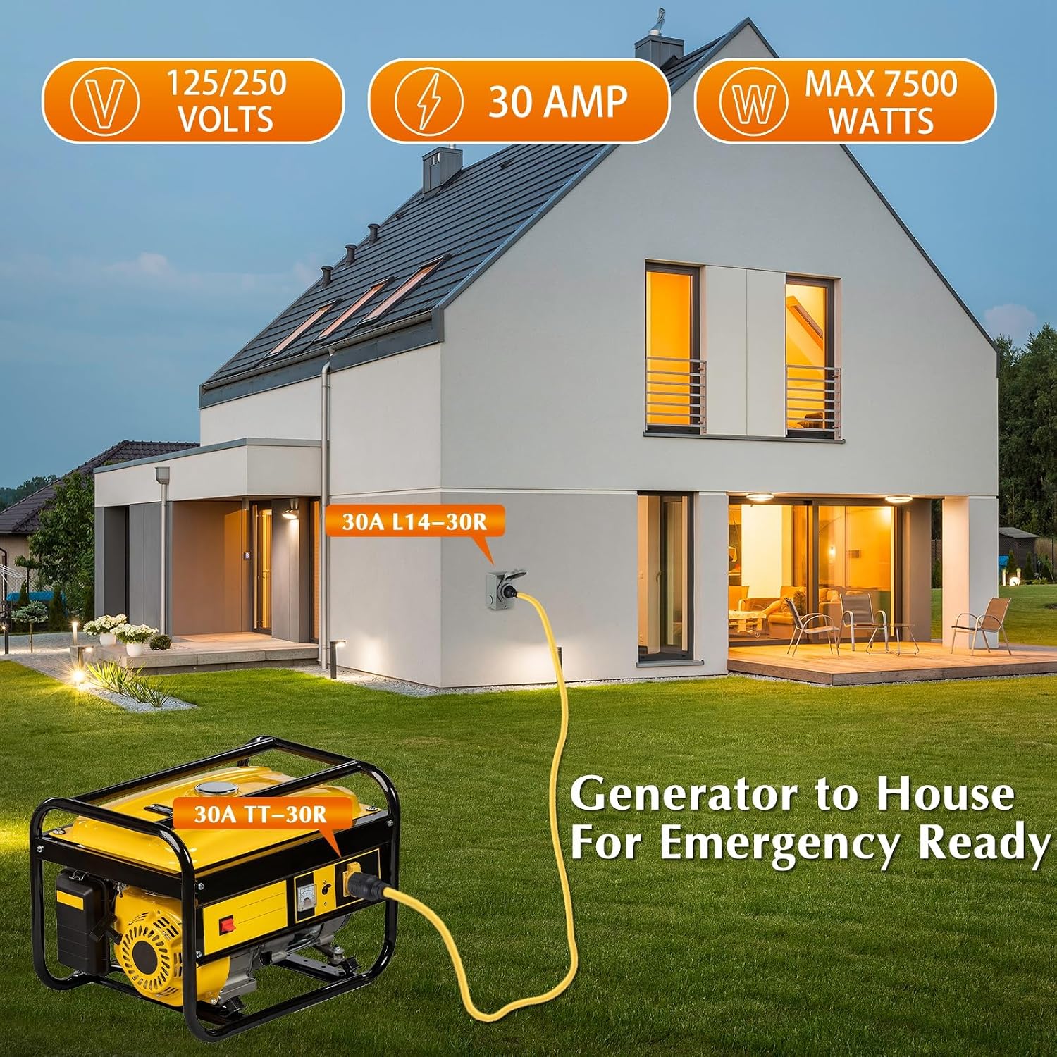 15ft NEMA TT-30P to L14-30R Generator Transfer Switch Adapter Cord | 30 Amp 3 Prong to 4 Prong Generator to House