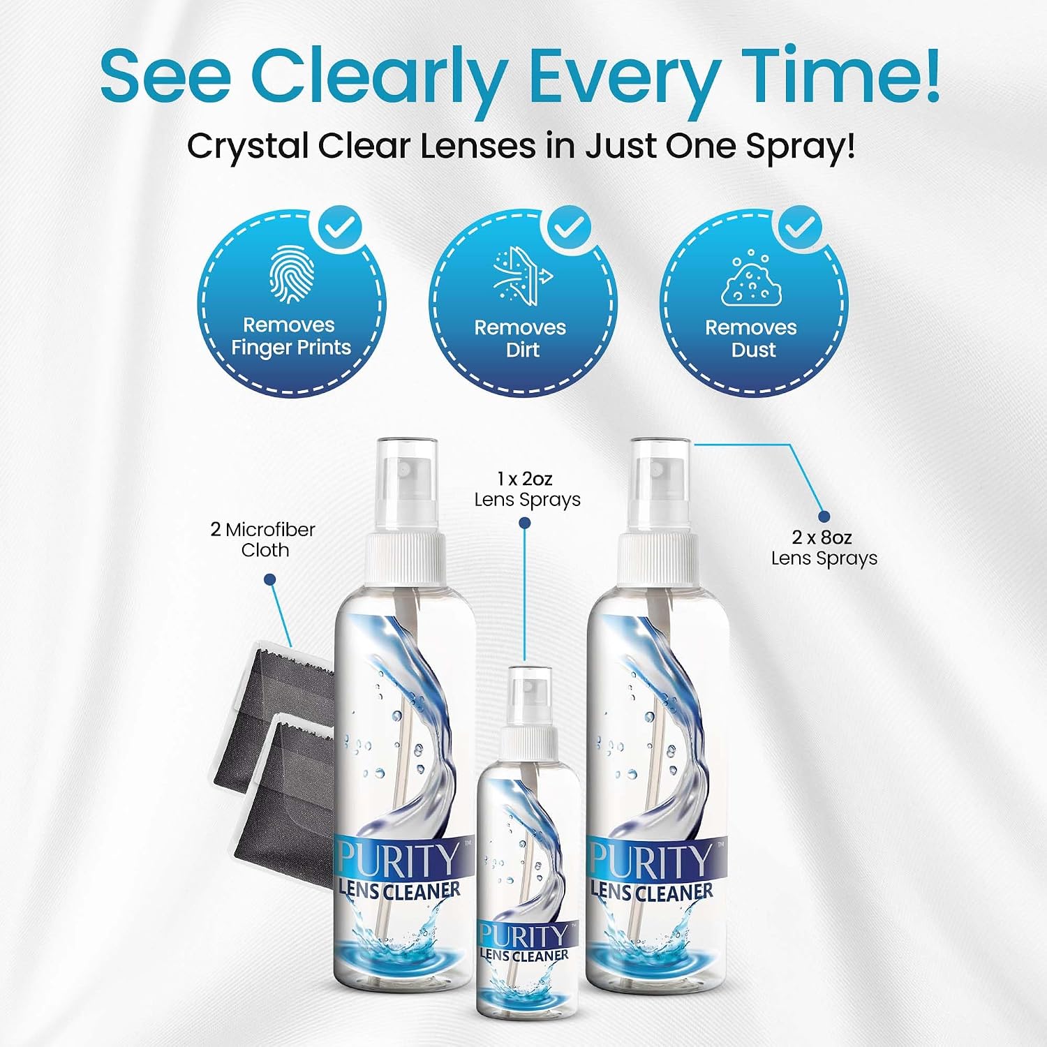 Purity Eyeglass Lens Cleaner Kit - 2 x 8oz and 1 x 2oz Lens Cleaner Spray Bottle + 2 Microfiber Cleaning Cloths