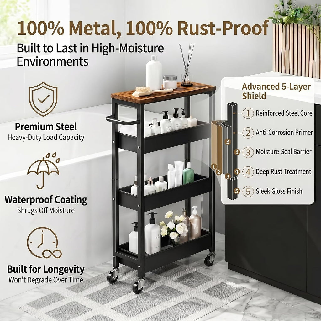 4 Tier Slim Rolling Storage Cart, Metal Narrow Kitchen Cabinet with Wheels, Laundry Room Organization and Storage