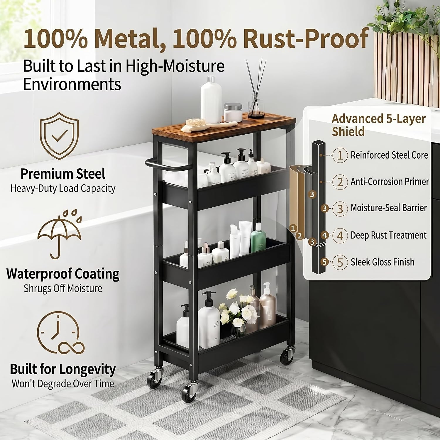 4 Tier Slim Rolling Storage Cart, Metal Narrow Kitchen Cabinet with Wheels, Laundry Room Organization and Storage