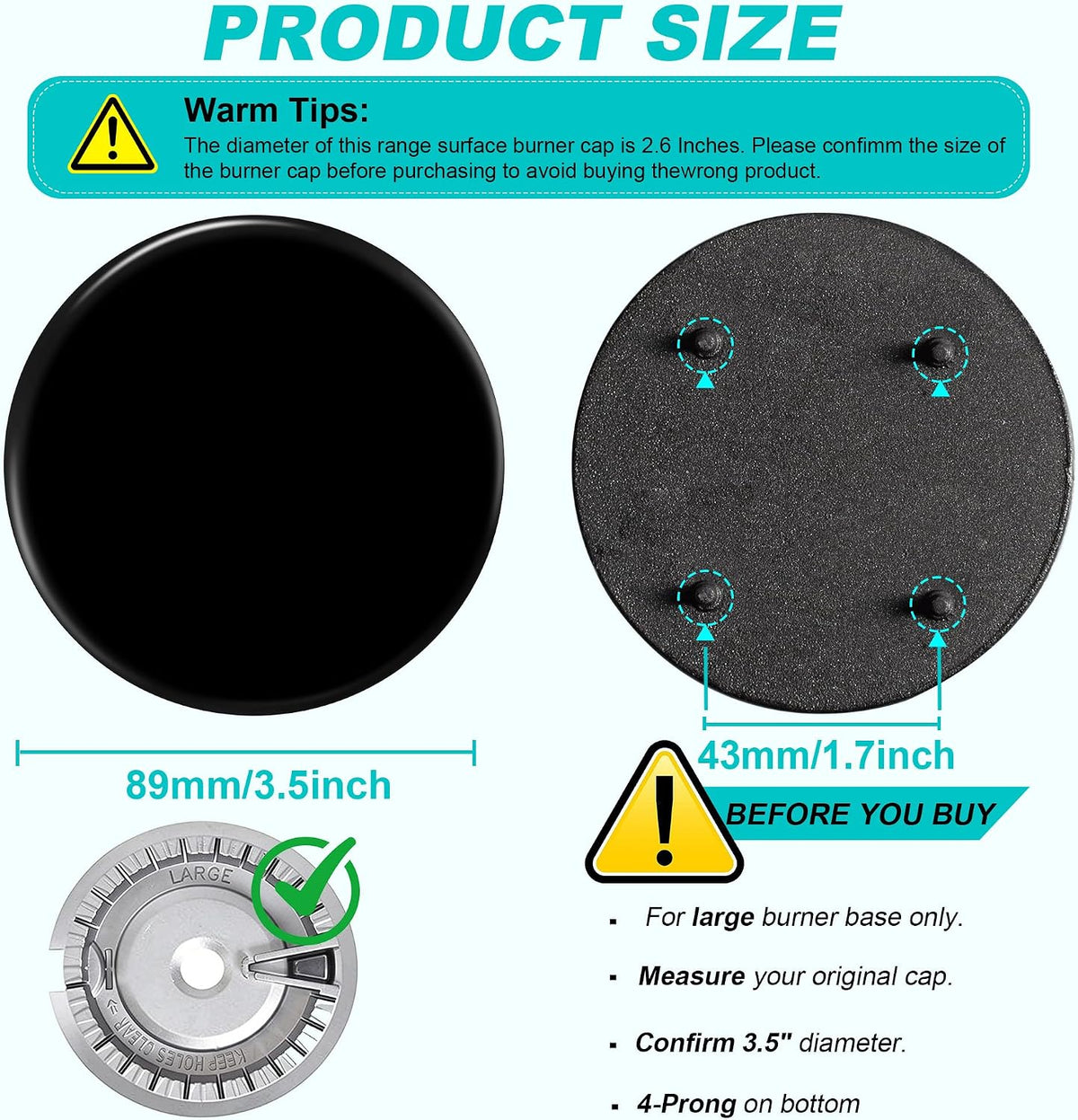 New Upgraded WB29K10006 WB29K10024 Range Surface Large Burner Cap Replacement for GE Gas Range/Stove/Oven/Cooktop,Shiny Black Surface,3.5 Inch Diameter(12K BTU)