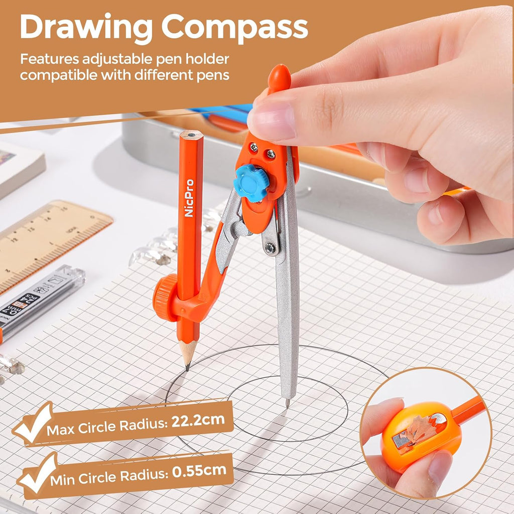 17 PCS Compass Geometry Set with Rulers, Protractors, Drafting Tool | Math for Students with Rulers, Mechanical
