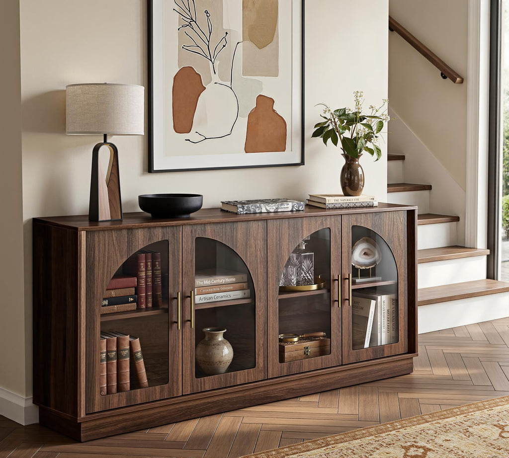 64" Sideboard Buffet Cabinet with Arched Glass Doors,Dark Walnut