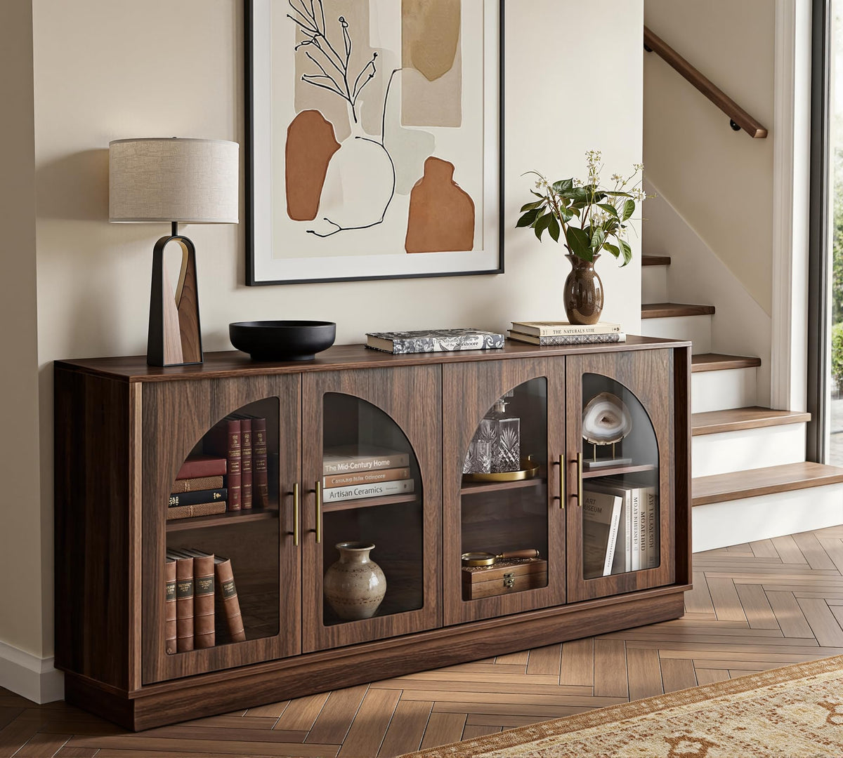 64" Sideboard Buffet Cabinet with Arched Glass Doors,Dark Walnut