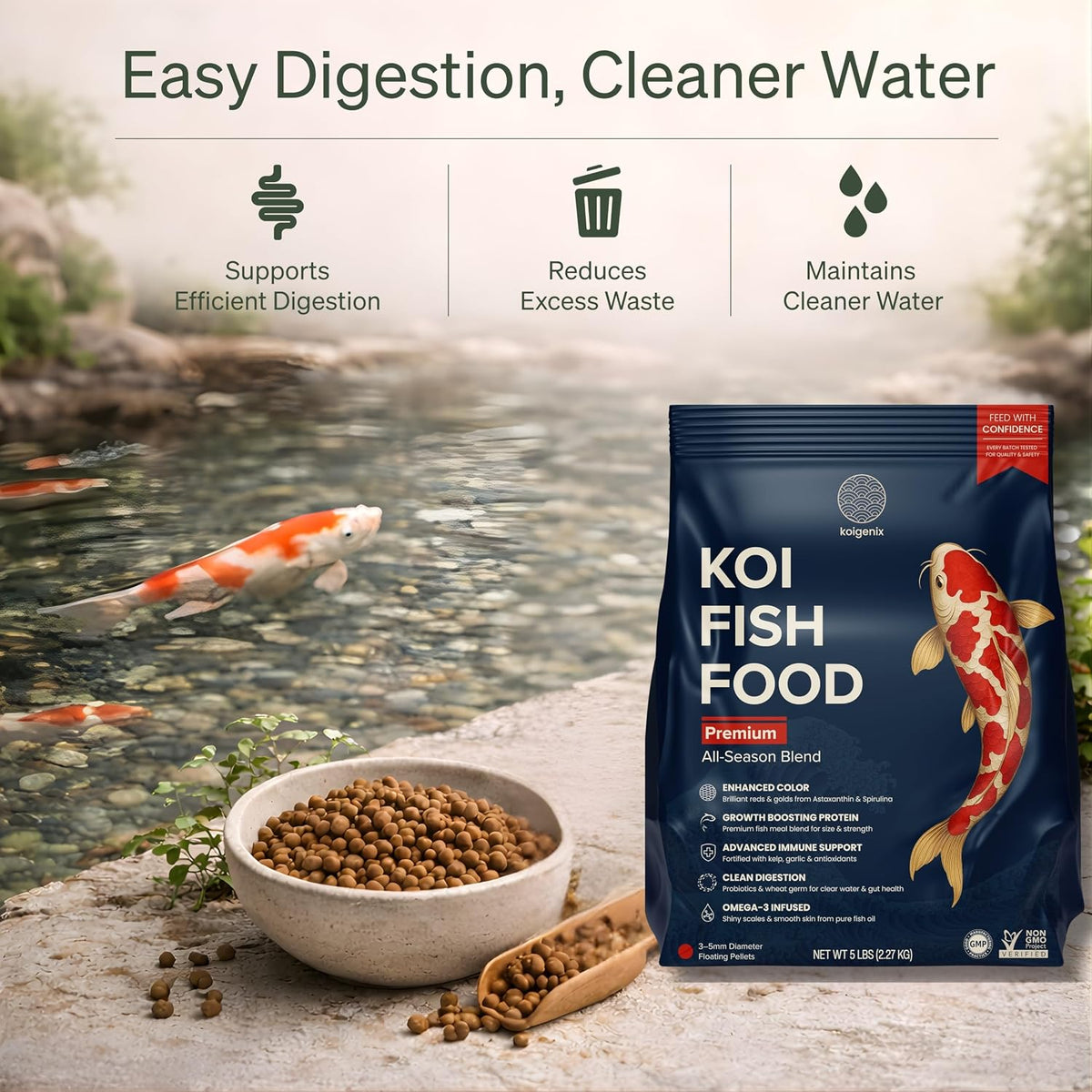 Koi Fish Food (5lb) - Growth & Color Formula, High Protein Floating Pellets with Spirulina, Krill & Probiotics, Easy