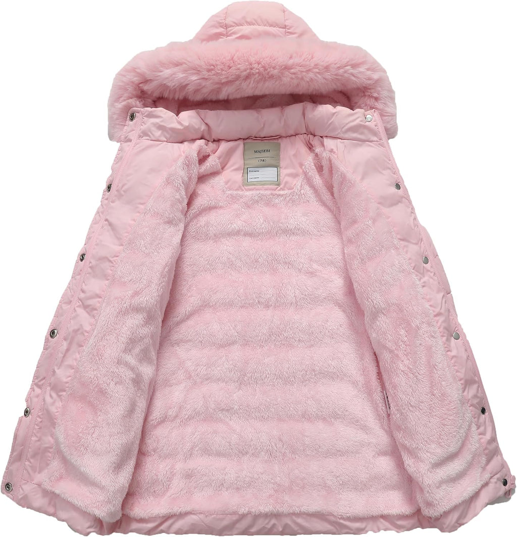 Girls Long Puffer Winter Coat Kid's Removable Hood Parka Jacket | Waterproof Polyester Outer, Soft Fleece Lined