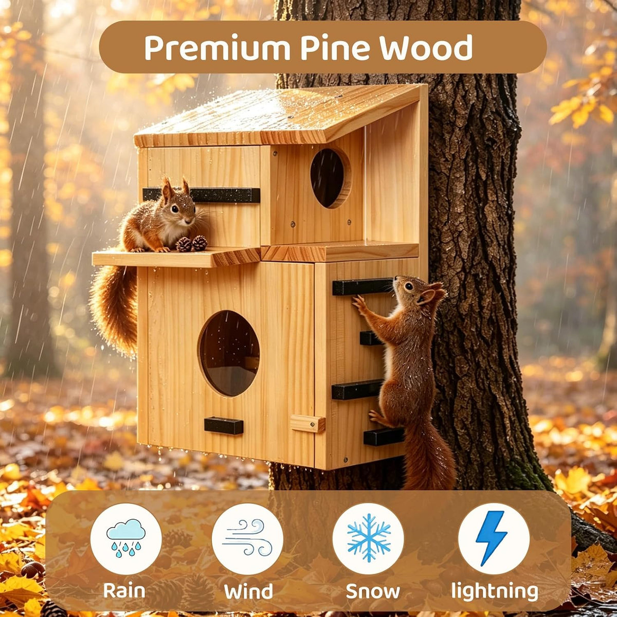 Large Wooden Squirrel House for Outside with Window Dual Balconies
