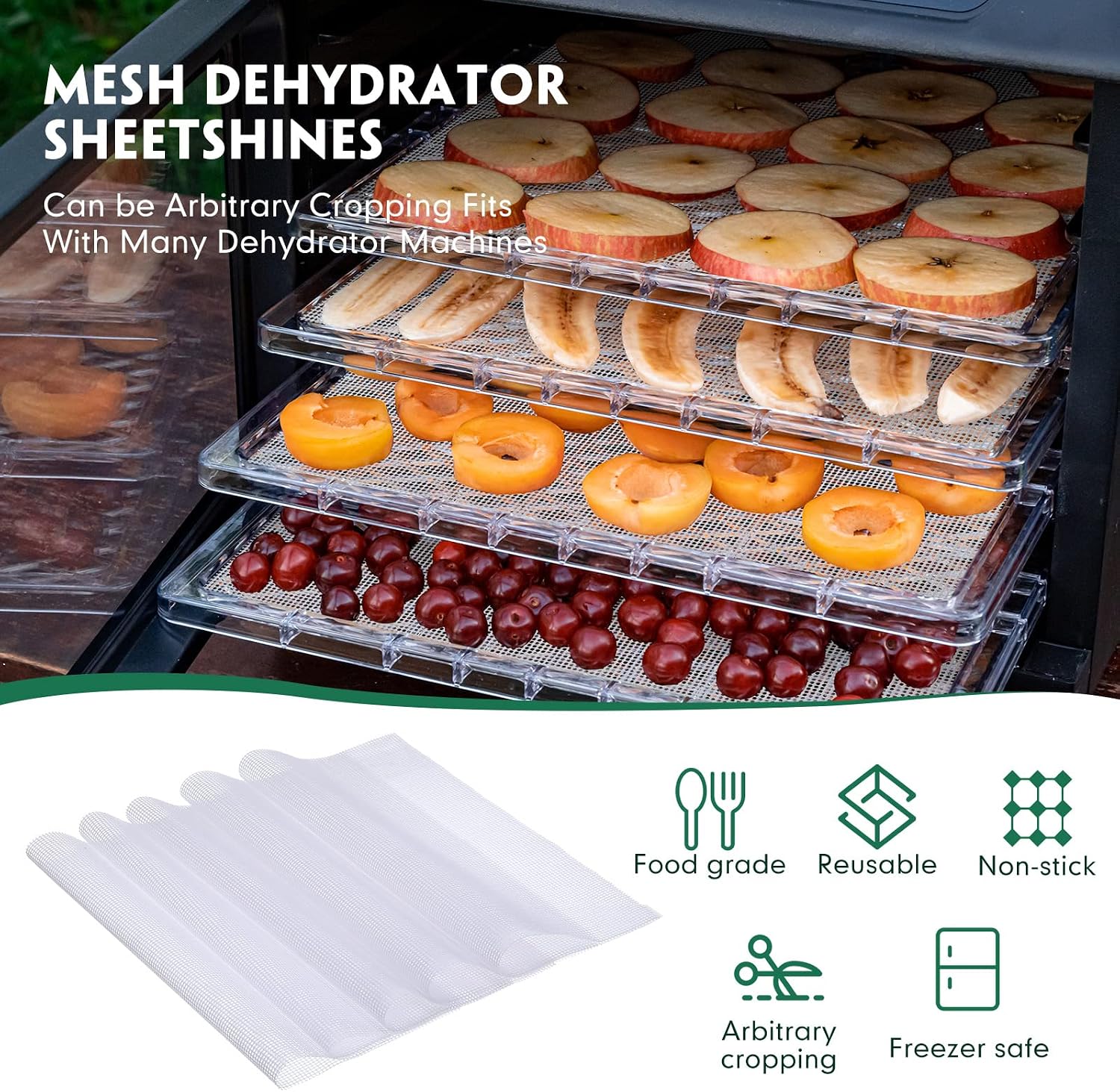 8 Pcs Silicone Dehydrator Sheets Trays with Edge and 10 Pcs Mesh Dehydrator Mats Non Stick Reusable Fruit Leather