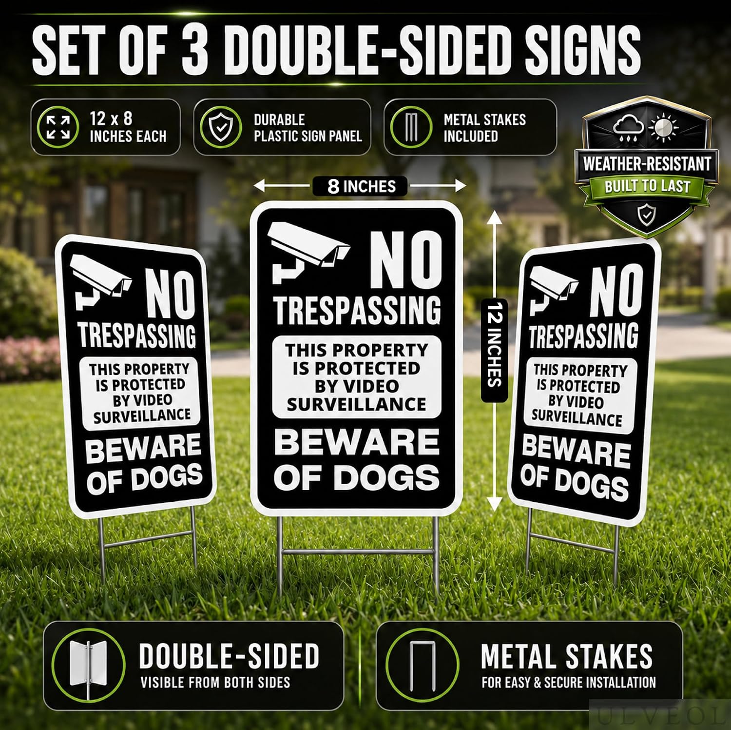 Set of 3 Double Sided 12x8 Inches Beware of Dog Plastic Sign with Metal Stakes - No Trespassing This Property Is