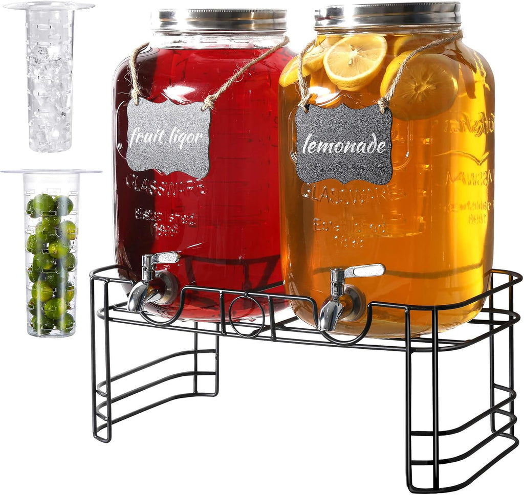 2 Gallon Glass Drink Dispensers for Parties with Stand, 2 Pack