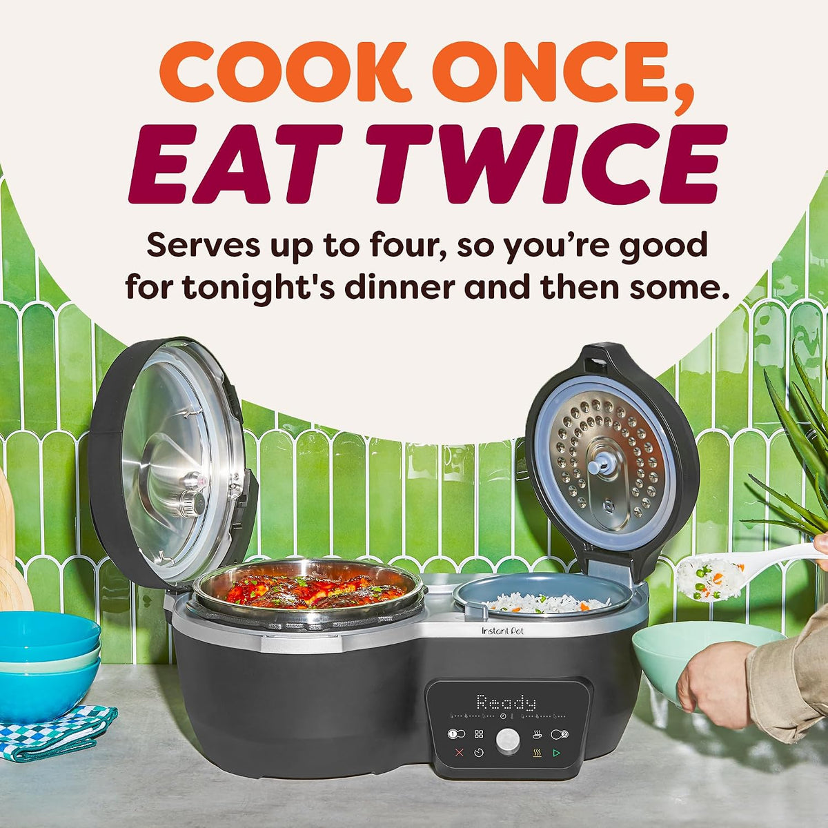 Dual Action 8‑in‑1 Multi-Cooker with Serve Together Smart Timing, 4Qt Pressure Cooker & 2Qt Rice Cooker, Cook Mains &