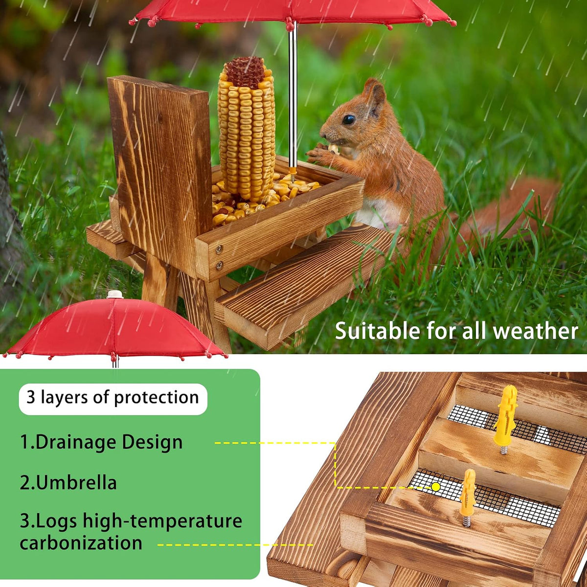 Squirrel Feeder Picnic Table with Tall Umbrella, Wooden Squirrel Feeders for Outside, Cute Chipmunk Feeder with Corn