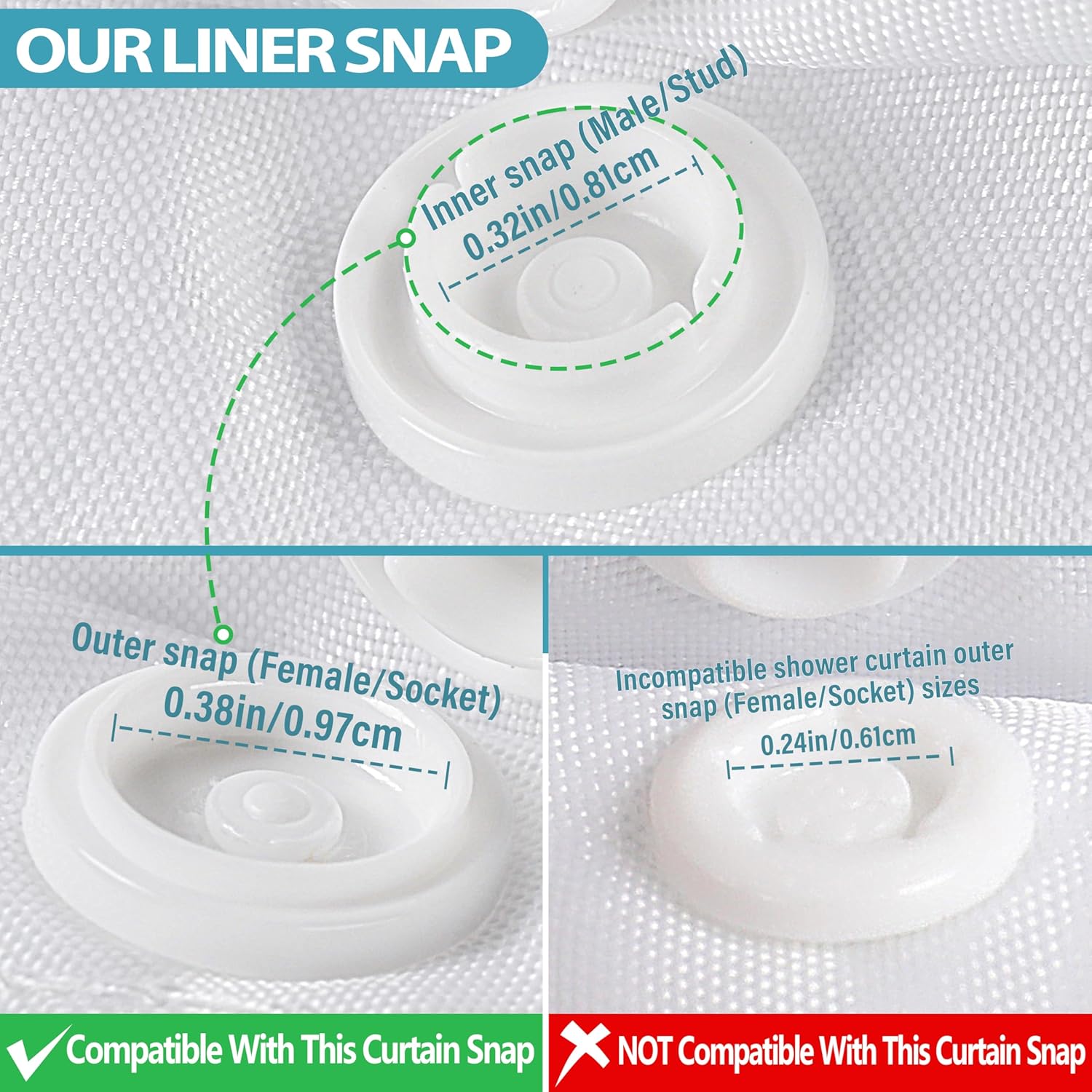 1 Pack Hotel Fabric Snap in Shower Curtain Liner Replacement Removable Water Repellent Liner for Bathroom Shower