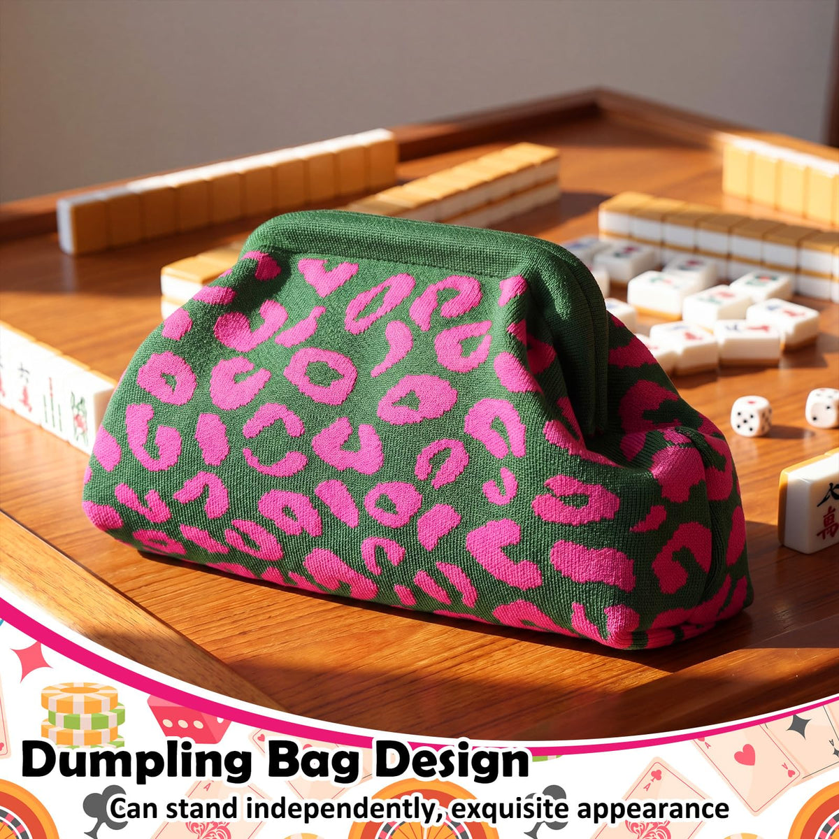 Mahjong Tile Bag Striped Clutch Green Pink Leopard Print